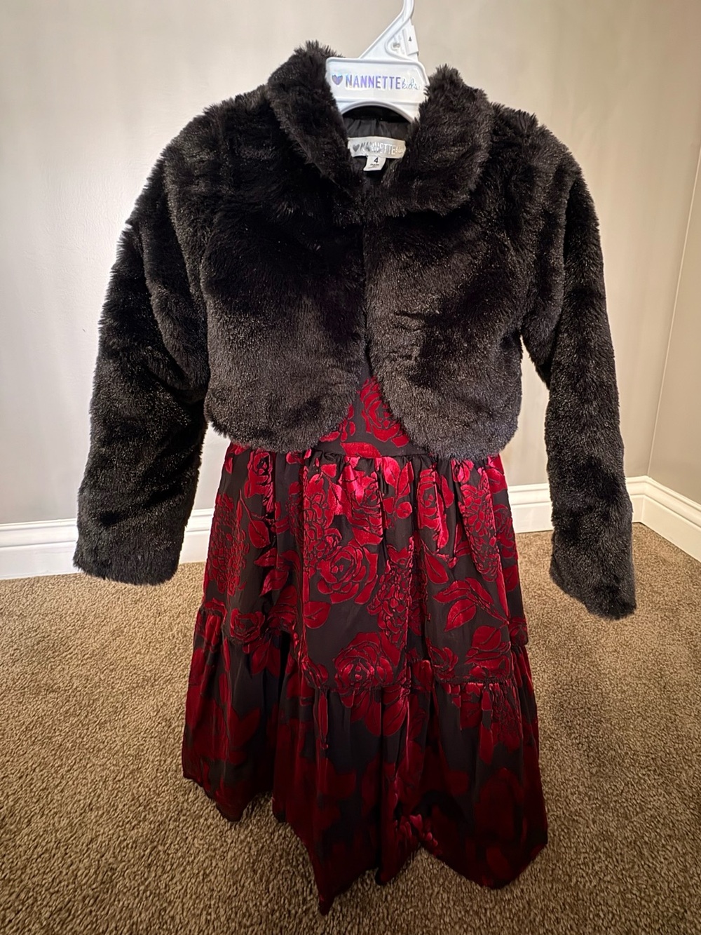 Nannette Black Faux Fur Bolero with Red Floral Dress